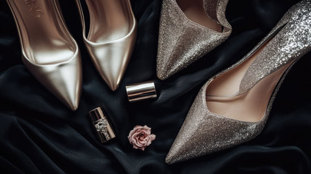 Arrangement of fashionable shoes and metallic accessories with luxury cosmetics on black fabricの素材