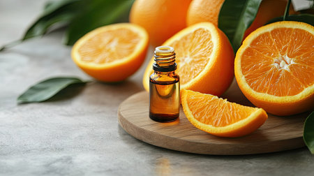 Aromatherapy concept with fresh orange and essential oil bottle, styled on a neutral light backdropの素材