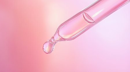 Beauty serum forming a drop from glass dropper, with soft highlights on a pastel light backgroundの素材