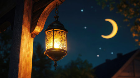 A glowing traditional lantern lamp hanging from a wooden beam under a crescent moon in the night sky, casting warm light on a quiet streetの素材