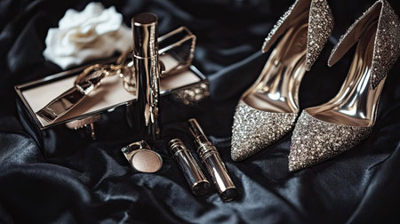 Arrangement of fashionable shoes and metallic accessories with luxury cosmetics on black fabricの素材
