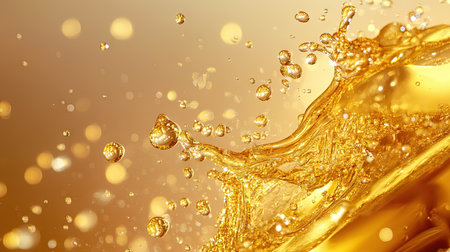 Artistic background of golden oil splash with fine droplets sparkling against a subtle gradient backdropの素材