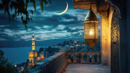 A vintage brass lantern glowing warmly on a balcony, crescent moon rising above a peaceful Middle Eastern townの素材