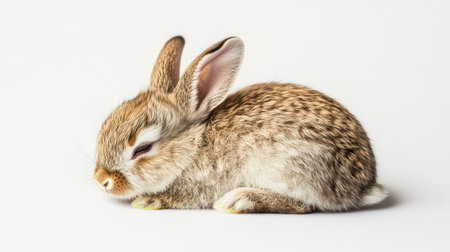 Baby rabbit curled up peacefully on white seamless background, studio shot with clean lightingの素材