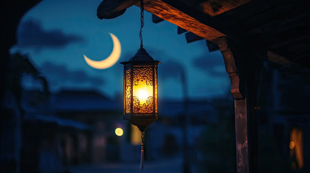 A glowing traditional lantern lamp hanging from a wooden beam under a crescent moon in the night sky, casting warm light on a quiet streetの素材