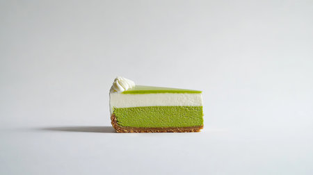 A modern matcha cheesecake slice with a clean cut, sitting alone on a stark white backgroundの素材