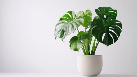 Bold tropical Monstera with detailed leaf structure in a matte pot, displayed on clean whiteの素材