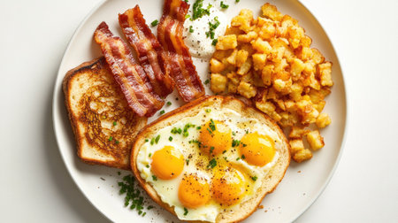 Classic breakfast plate with scrambled eggs, bacon, toast, and hash browns, neatly arranged on a white backgroundの素材