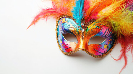 Bright and decorative carnival mask with feathers and glitter details on a plain white backdropの素材