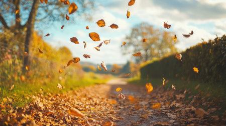 Breezy autumn day with dry leaves scattered mid-air along a countryside trailの素材