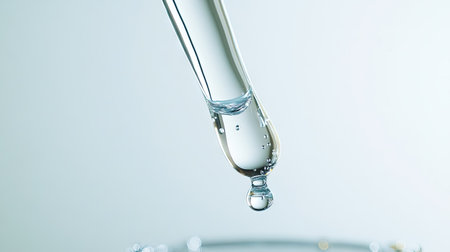 Close-up of a cosmetic pipette dripping clear serum, suspended mid-air against a soft light backgroundの素材