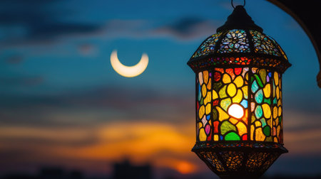 Close-up of a colorful stained-glass lantern glowing at dusk, crescent moon shining in the background skyの素材
