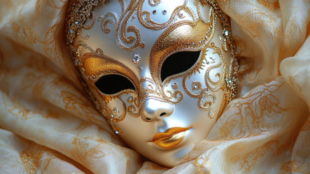 Close-up of a carnival mask with intricate patterns and shimmering decorations against a soft fabric backgroundの素材