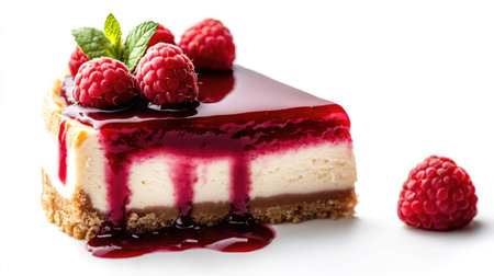 Cheesecake with raspberry coulis dripping over the sides, isolated cleanly on a white backgroundの素材