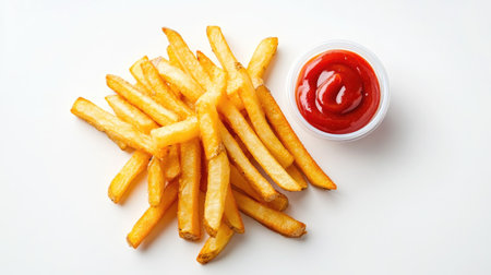 Classic fast food fries with a small plastic container of ketchup, minimal style on white backgroundの素材