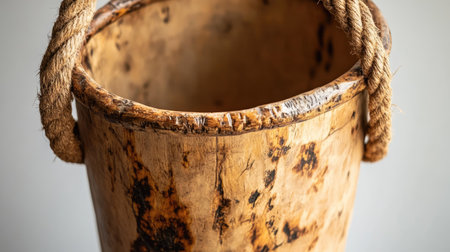 Close-up of a handcrafted birchwood bucket with scorched finish and jute rope handles on plain backdropの素材