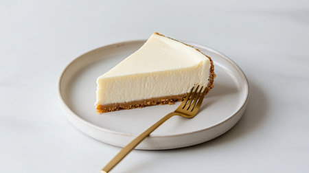 Cheesecake slice on a small white plate with a gold fork, minimal style on white backgroundの素材
