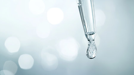 Close-up of a cosmetic pipette dripping clear serum, suspended mid-air against a soft light backgroundの素材