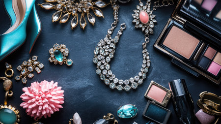 Chic accessories including statement jewelry and high heels surrounded by cosmetics on dark surfaceの素材