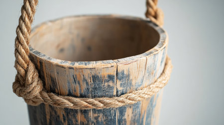 Close-up of a handcrafted birchwood bucket with scorched finish and jute rope handles on plain backdropの素材