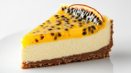 Cheesecake with passionfruit glaze and seeds, delicately isolated on a clean white surfaceの素材