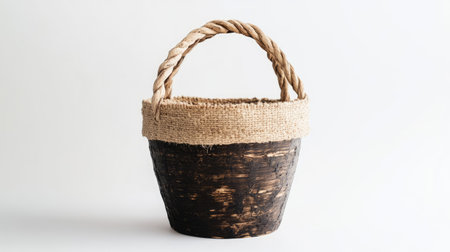 Burned birch bucket with textured jute handles, styled on a clean light backgroundの素材