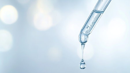Close-up of a cosmetic pipette dripping clear serum, suspended mid-air against a soft light backgroundの素材