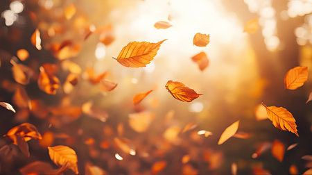 Brown, orange, and yellow leaves flying in the air with strong backlight and soft-focus backgroundの素材