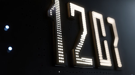 Close-up of digital countdown panel with segmented LED numbers, sleek black casingの素材
