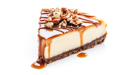Cheesecake slice with caramel drizzle and crushed nuts on top, isolated on white backgroundの素材