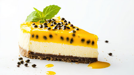 Cheesecake with passionfruit glaze and seeds, delicately isolated on a clean white surfaceの素材