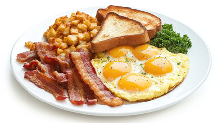 Classic breakfast plate with scrambled eggs, bacon, toast, and hash browns, neatly arranged on a white backgroundの素材