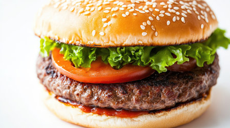 Close-up of a beef patty, sesame seed bun, and crisp toppings, all laid out individually on whiteの素材