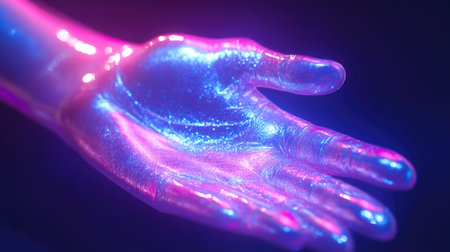 Close-up of a delicate silver hand glowing with holographic shine in bold neon lightingの素材