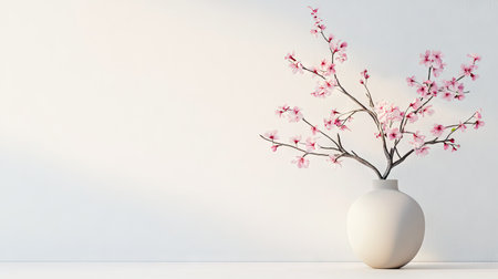 Cherry blossom branch with gentle pink flowers in a modern matte vase, standing tall on white surfaceの素材