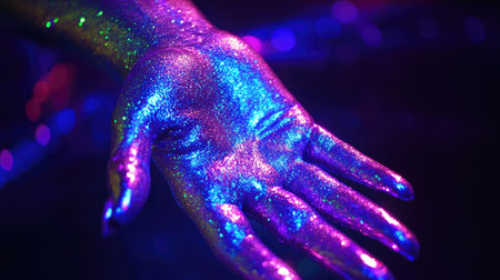 Close-up of a graceful hand covered in shimmering silver body paint, glowing under vibrant neon lightsの素材