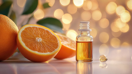 Close-up of fresh orange and glass bottle of essential oil, captured with soft lighting on a light surfaceの素材