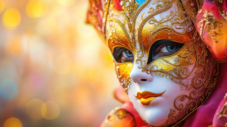 Close-up of a vibrant Venetian carnival mask with intricate gold detailing against a soft gradient backdropの素材