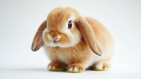 Close-up of a tiny cute rabbit with floppy ears, isolated perfectly on a clean white backdropの素材