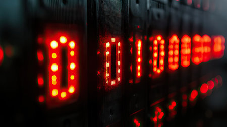 Close-up of an LED digital timer showing  in bright red lights on a black panelの素材