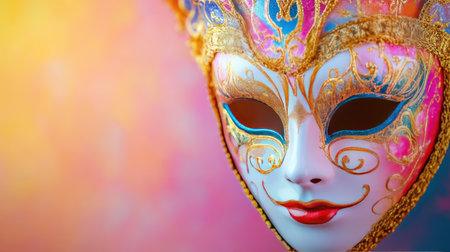 Close-up of a vibrant Venetian carnival mask with intricate gold detailing against a soft gradient backdropの素材