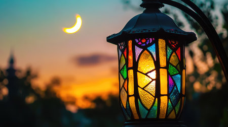 Close-up of a colorful stained-glass lantern glowing at dusk, crescent moon shining in the background skyの素材