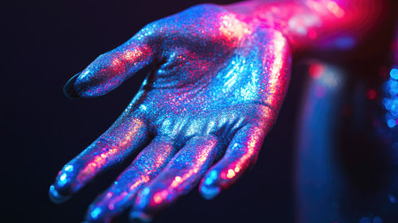 Close-up of a graceful hand covered in shimmering silver body paint, glowing under vibrant neon lightsの素材