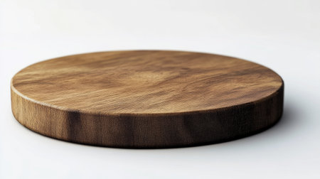 Close-up of a round wooden board with rich texture placed on a clean, minimal backgroundの素材