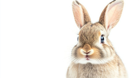 Close-up of a tiny cute rabbit with floppy ears, isolated perfectly on a clean white backdropの素材