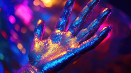 Close-up of a graceful hand covered in shimmering silver body paint, glowing under vibrant neon lightsの素材