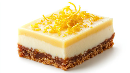 Cheesecake bar with a layer of lemon curd and zest garnish, isolated on white backgroundの素材