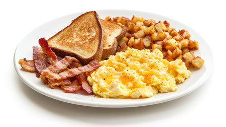 Classic breakfast plate with scrambled eggs, bacon, toast, and hash browns, neatly arranged on a white backgroundの素材