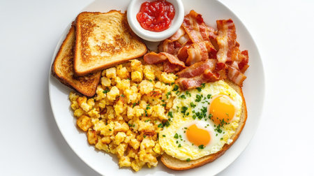 Classic breakfast plate with scrambled eggs, bacon, toast, and hash browns, neatly arranged on a white backgroundの素材