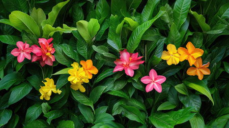 Bright flowers emerging from a dense, green plant wall, highlighting natural beauty and color contrastの素材